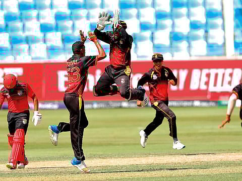 Papua New Guinea celebrate a wicket against Singapore in Dubai.