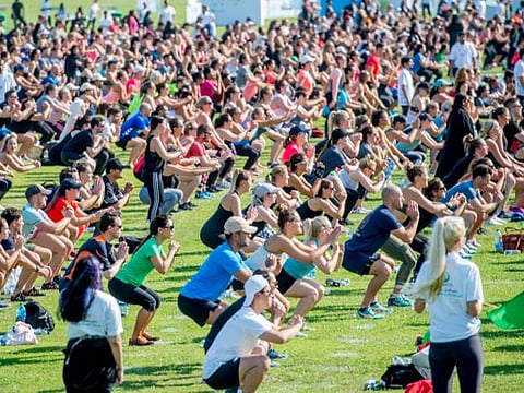During the Fitness Challenge to attempt a world Guiness Record with Joe Wicks at The SkyDive Dubai. Dubai. Photo: Antonin Kélian Kallouche/Gulf News