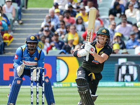 Australian opener David Warner en route to his century against Sri Lanka in the first T20 International on Sunday.