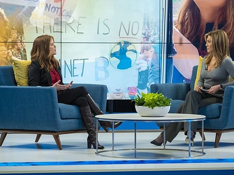 This image released by Apple TV Plus shows Reese Witherspoon, left, and Jennifer Aniston in a scene from "The Morning Show," debuting Nov. 1, launching the Apple TV Plus streaming service. (Tony Rivetti Jr./Apple TV Plus via AP)
