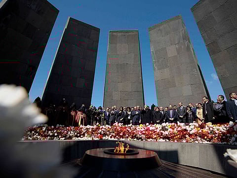 Armenian President Armen Sarkisian, Prime Minister Nikol Pashinyan, Catholicos Garegin II, the head of the Armenian Apostolic Church, and other officials attend a ceremony commemorating the 104th anniversary of the massacre of 1.5 million of Armenians by Ottoman forces in 1915, at the Tsitsernakaberd memorial in Yerevan.