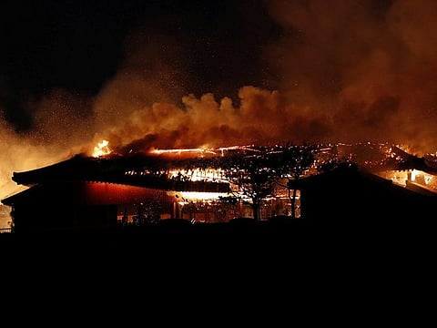 Shuri Castle, listed as a World Heritage site, goes up in flames, in Naha on the southern island of Okinawa, Japan October 31, 2019, in this photo taken by Kyodo
