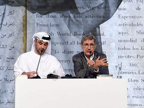 Omar Ghobash in conversation with the prominent Turkish novelist Orhan Pamuk, winner of Nobel Prize for Literature, at Sharjah International Book Fair 2019. 30th October 2019. Photo: Ahmed Ramzan/ Gulf News