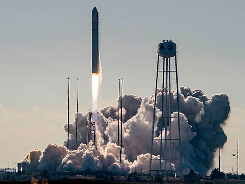 The Northrop Grumman Antares rocket, with Cygnus resupply spacecraft onboard, launches from Pad-0A of NASA's Wallops Flight Facility.
