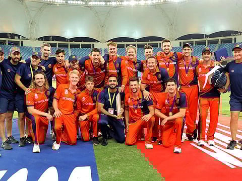 The Netherlands team are all smiles after winning the World T20 qualifiers title on Saturday night.