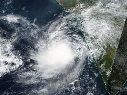 The satellite image shows Maha spinning off the western shores of India on Friday, 1 November. 