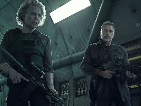 Linda Hamilton, left, and  Arnold Schwarzenegger star in 'Terminator: Dark Fate'.