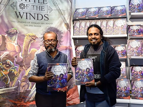 Battle of the Winds: The Legend of Ahmad Ibn Majid, The Epic Sailor's Writer Manu KS (left)  and illustrator Deepak S Raj at the Shrjah International Book Fair. Photo : Virendra Saklani/Gulf News