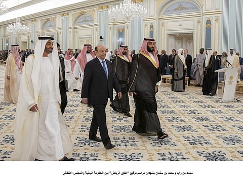 His Highness Sheikh Mohamed Bin Zayed Al Nahyan, Crown Prince of Abu Dhabi and Deputy Supreme Commander of the UAE Armed Forces, with Mohamed Bin Salman bin Abdulaziz, Crown Prince, Deputy Prime Minister and Minister of Defence of Saudi Arabia,  and Abd Rabbo Mansour Hadi, President of Yemen in Riyadh on November 5.
