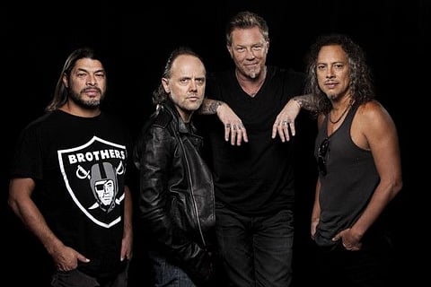 Metellica band members, from left to right: Robert Trujillo, bass, Lars Ulrich, drums, James Hetfield, guitar and Kirk Hammett, on lead guitar, during the Toronto International Film Festival in Toronto, Ontario, Canada on Sept. 10, 2013. (Jay L. Clendenin/Los Angeles Times/TNS)