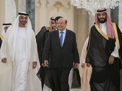 Shaikh Mohammad Bin Zayed with Crown Prince Mohammed Bin Salman and President Hadi during the signing ceremony in Riyadh Tuesday
