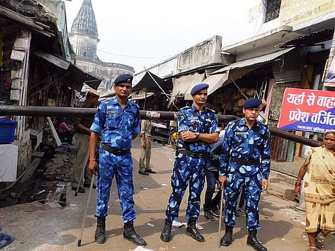 Rapid Action Force (RAF) personnel deployed at Hanuman Garhi temple in Ayodhya. 