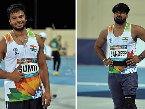 India's medallist duo of Sumit Antil (left) and Sandeep Chaudhury in Dubai on Friday.