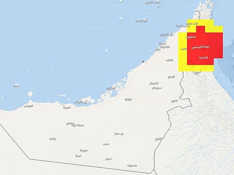 Yellow and red alerts issued by weathermen about different intensities of rainfall in the UAE east coast.