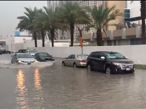 A water-logged street outside Gulf News building in Dubai, UAE, on Sunday, November 10, 2019.