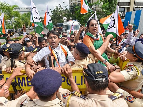 Mumbai: NCP supporters protest against Sony TV and KBC program outside Sony Pictures Networks India Private Limited at Malad(W) in Mumbai, Friday, Nov. 8, 2019. (PTI Photo)(PTI11_8_2019_000163B)