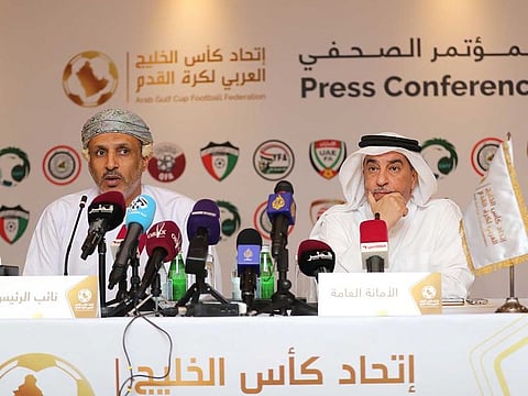 Jassim al-Shukali (L), vice president of the Arab Gulf Cup Football Federation, and Jassim al-Rumaihi, General Secretary of the Arab Gulf Cup Football Federation, speaks during a press conference on November 13, 2019, in the Qatari capital Doha. Saudi Arabia, the United Arab Emirates and Bahrain have said they will participate in this month's Arabian Gulf Cup football tournament in Qatar, signalling a thaw in their two-year feud.