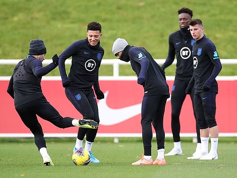 England's Jadon Sancho, Raheem Sterling, Tammy Abraham and Mason Mount during training ahead of the Montenegro match.