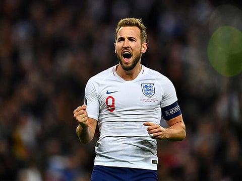 England's Harry Kane celebrates scoring their fifth goal.