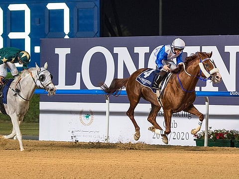 ES Ajeeb ridden by the jockey Sam Hitchcott on its way to win Bani Yas race presented by Longines Hydroconquest at Meydan.