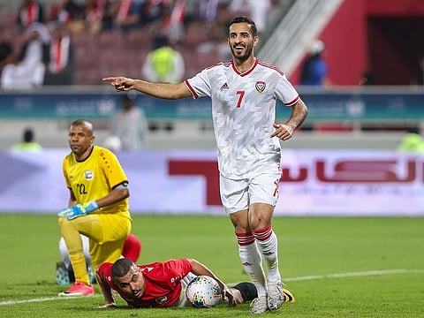 UAE’s Ali Mabkhout celebrates scoring their second goal with coach Alberto Zaccheroni during their Group A match against India at the Zayed Sports City Stadium on Thursday.