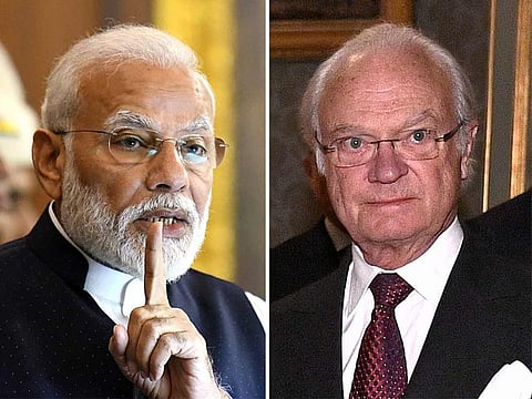 A combination photo showing Indian PM Narendra Modi, left and Sweden’s King Carl XVI Gustaf