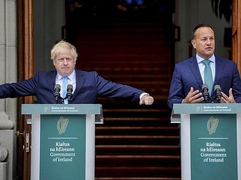 Leo Varadkar, Ireland's prime minister, right, speaks during a joint news conference with Boris Johnson, UK prime minister, at Government Buildings in Dublin, Ireland