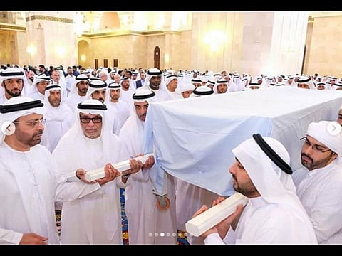 His Highness Sheikh Hamad Bin Mohammad Al Sharqi, Supreme Council Member and Ruler of Fujairah, performed funeral prayers for the late Sheikha Sheikha at Sheikh Zayed Grand Mosque in  Fujairah.