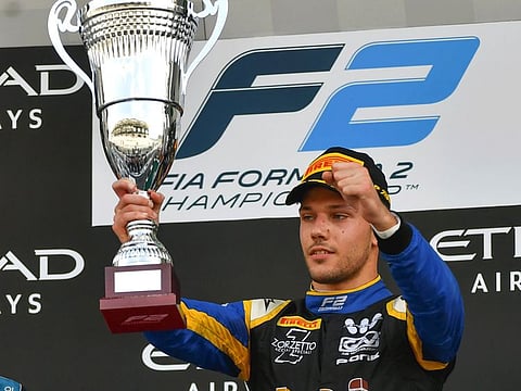 Luca Ghiotto of UNI-Virtuosi celebrates after winning the second Formula 2 race, the undercard at the F1 Etihad Airways Abu Dhabi Grand Prix on Sunday. 