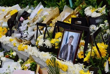 A makeshift memorial for Godfrey Gao, a Taiwanese-Canadian actor and model who passed away Wednesday after collapsing on set while filming "Chase Me", a Chinese reality show, is seen at the filming site in Ningbo, Zhejiang province, China November 29, 2019.