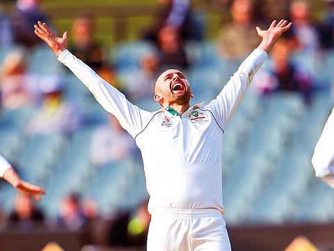 Nathan Lyon celebrates.