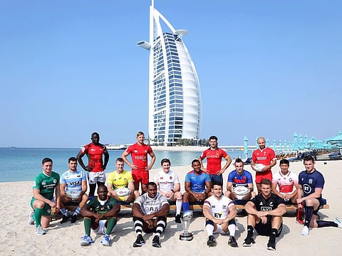 Captains of all 16 men's teams line up for a photo shoot near the iconic Burj Al Arab ahead of Dubai Rugby Sevens, which turns 50 this year.