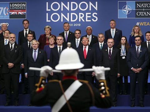 Nato heads of state attend a ceremony event during a Nato leaders meeting in the UK