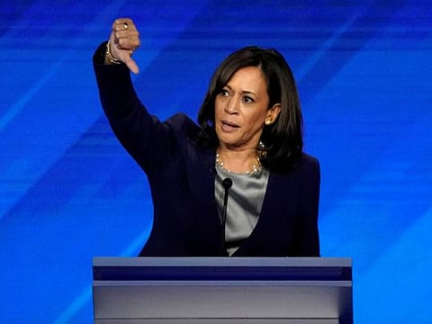 FILE PHOTO: Senator Kamala Harris gestures as she speaks during the 2020 Democratic presidential debate in Houston, Texas