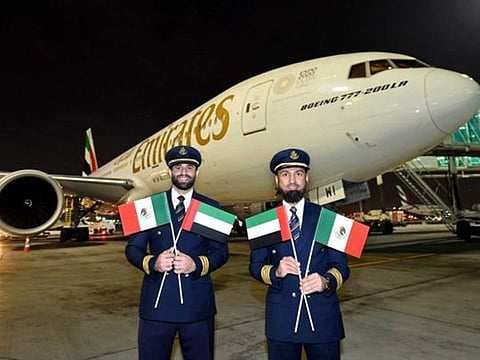 The inaugural flight for Emirates' new daily service to Mexico City.