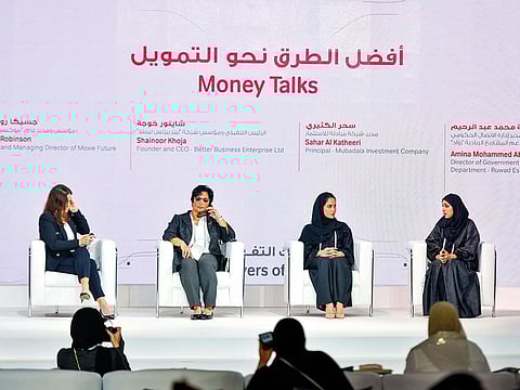 Left to right: Moderator Jessica Robinson, Founder and Managing Director of Moxie Future, Shainoor Khoja, Founder and CEO - Better Business Enterprise Ltd, Saher Al Katheeri, Principal - Mubadala Investment Company, and Amina Mohammed Abdelrahim, Director of Government Communication Department, Ruwad Establishment, at the panel discussion on ‘Money Talks.