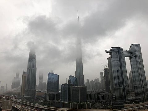 Fog covered parts of the Dubai skyline this morning