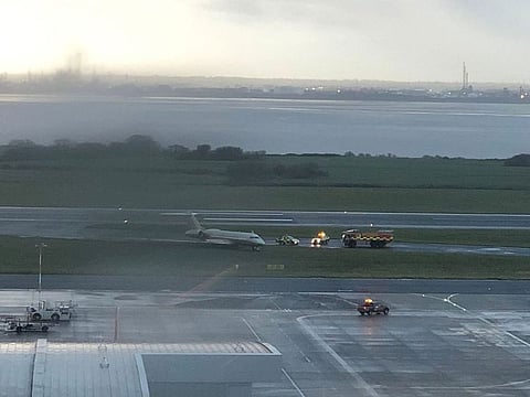 The plane skidded off the runway at John Lennon airport in Liverpool.