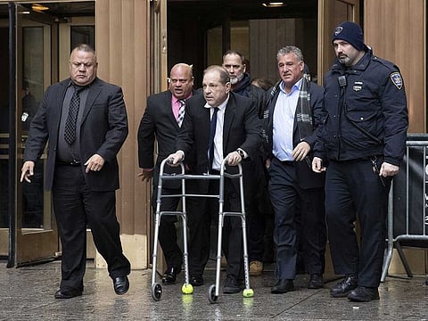 Harvey Weinstein leaves court following a hearing in New York. Weinstein’s bail was increased from $1 million to $5 million over allegations he violated bail conditions by mishandling his electronic ankle monitor.