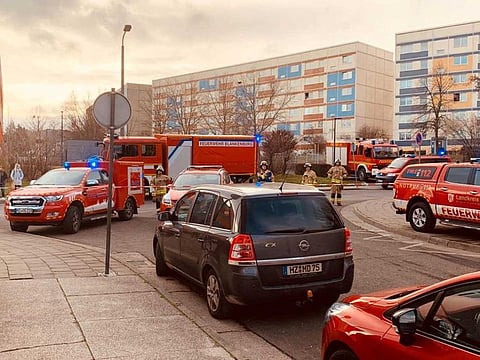 Fire engines gather at the site of an apartment building explosion in Blankenburg, Germany December 13, 2019 in this image obtained from social media. 