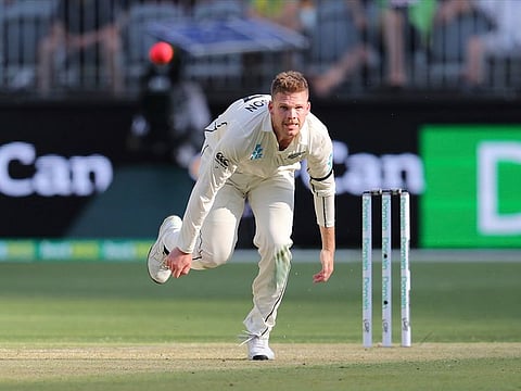 New Zealand's Lockie Ferguson bowls to Australia's Steve Smith during play in their cricket test in Perth, Australia, Thursday, December 12, 2019. 