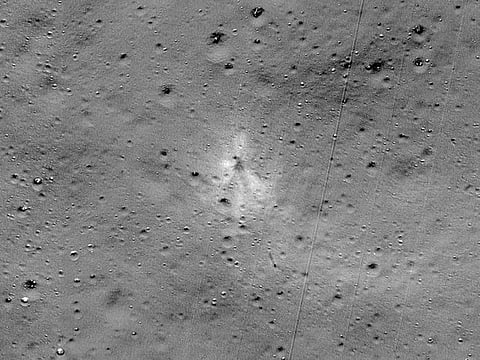 This handout image released by NASA by the Lunar Reconnaissance Orbiter Camera team shows the Vikram Lander impact point