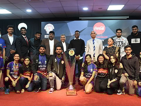 Captains of BITS Pilani, Dubai Campus after receiving the trophy from Dwayne Bravo and Director Dr. Prof. R N Saha for securing Overall Championship in 17TH BITS Sport Festival, inter-university tournament organised by Bits Pilani Dubai Campus. 