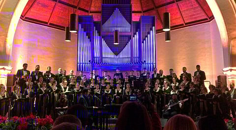 Lebanese composer Guy Manoukian plays the piano during a Christmas concert at American University of Beirut, December 15. 