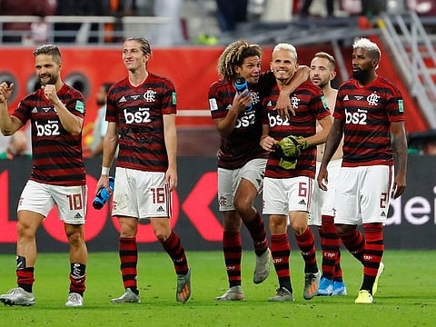 Flamengo celebrate their Club World Cup semi-final win.