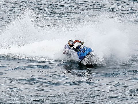 Victory Team’s Kevin Reiterer on his way to winning the Second Moto in the Ski Division GP1 category at the UIM-ABP Aquabike World Championship being held in Khalid Lagoon Sharjah.