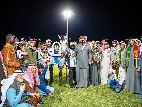 Shaikh Khalid Bin Sultan Bin Abdulaziz Al Saud and Shadwell Chairman Mirza Al Sayegh with the winning horse , Mubasher Al Khalediah at the Prince Sultan Bin Abdulaziz racecourse in Saudi Arabia