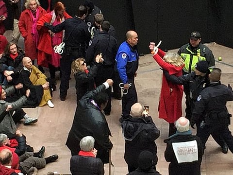 Actress Jane Fonda is arrested Friday inside the Hart Senate Office Building in Washington, D.C. MUST CREDIT: Washington Post photo by Marissa J. Lang
