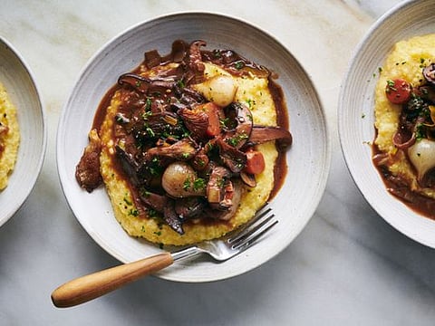 Mushroom Bourguignon in New York, Dec. 18, 2019. Reducing your meat and dairy intake can help mitigate climate change — Melissa Clark has ideas for how to do it deliciously. Food Stylist: Simon Andrews. (David Malosh/The New York Times)