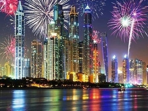 A view of the New Year fireworks above Jumeirah Beach Residence, a sea-side development in Dubai.